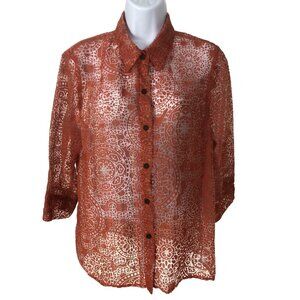 Alfred Dunner Top Women Size 16P Dark Orange Sheer Button Down 3/4 Sleeves